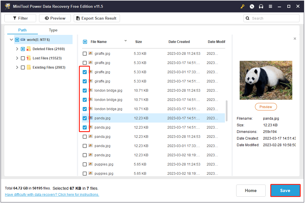 selecione os arquivos necessários e clique em Salvar para armazenar os arquivos no MiniTool Power Data Recovery