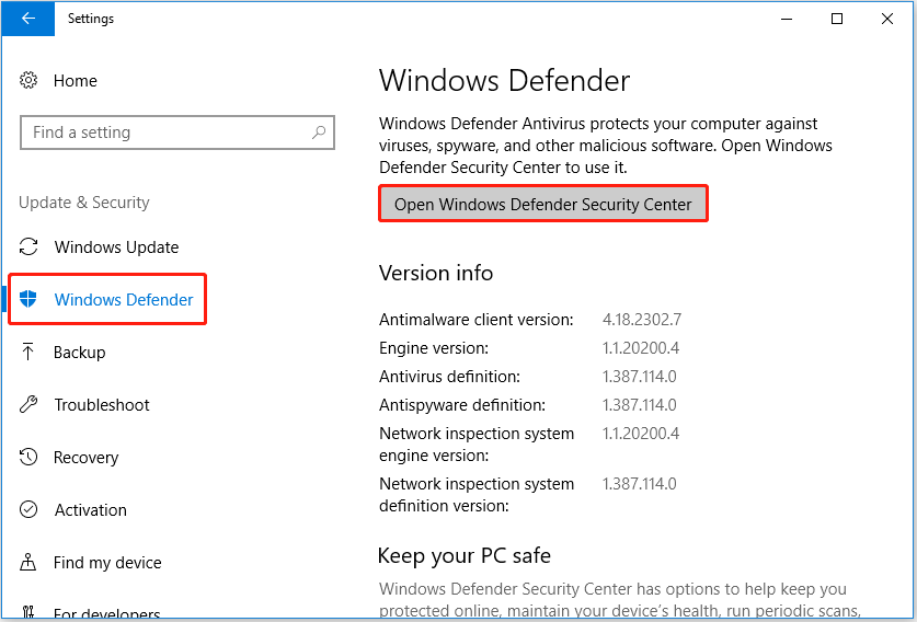 abra o Windows Defender Security Center por meio das Configurações no Windows