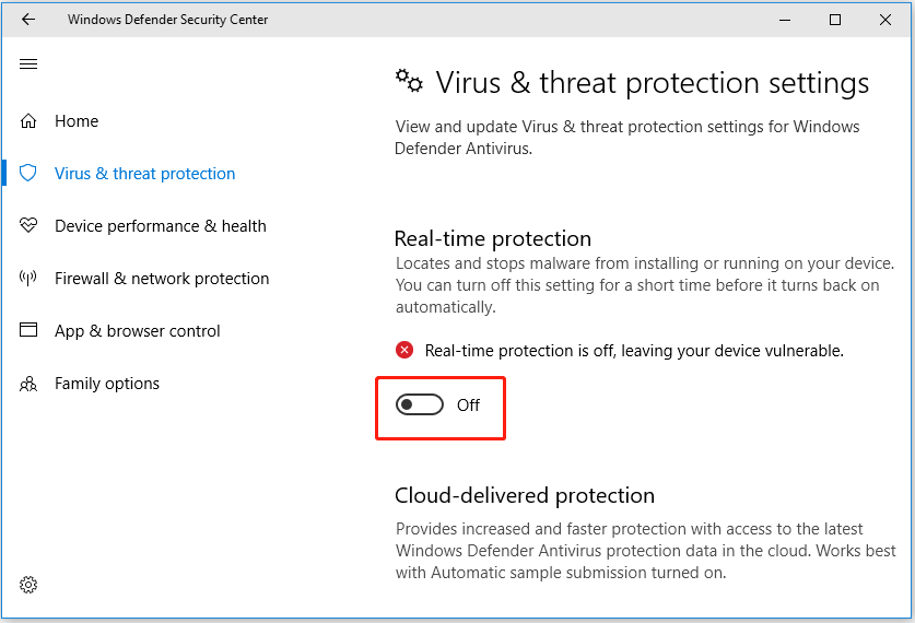 desative a proteção em tempo real no Windows Defender Security Center