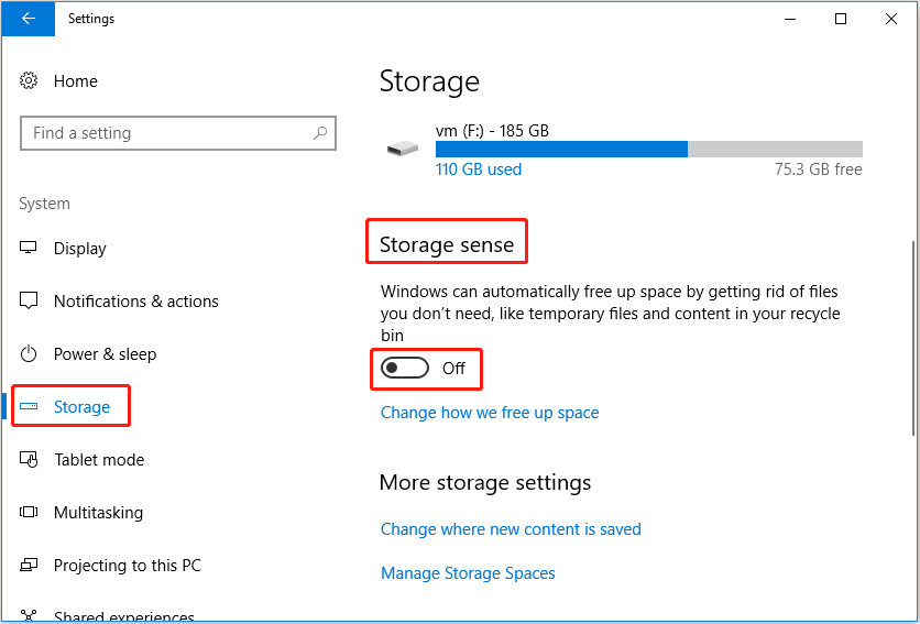desative o Storage Sense nas configurações do Windows