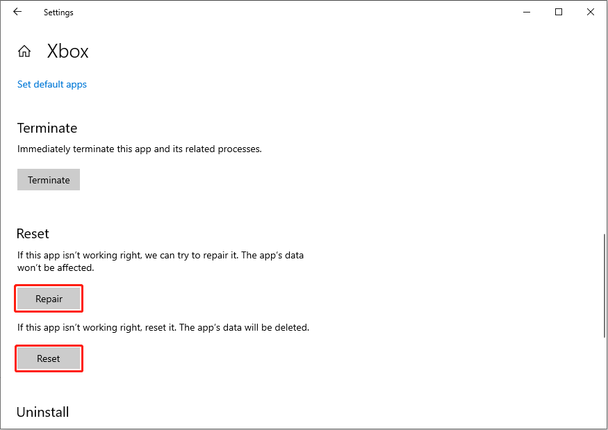 repair or reset the Xbox app in Windows Settings