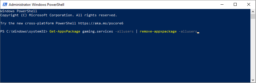 uninstall Gaming Services by running the command line in Windows PowerShell