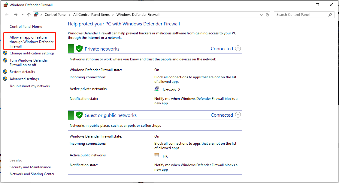 click Allow an app or feature through Windows Defender