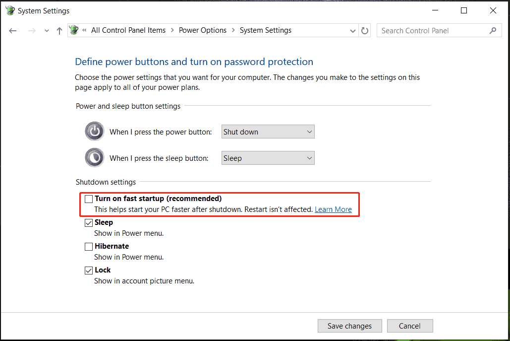 disable fast startup Windows 10