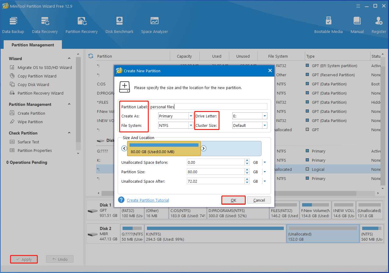 set partition parameters and execute the operation in Partition Magic