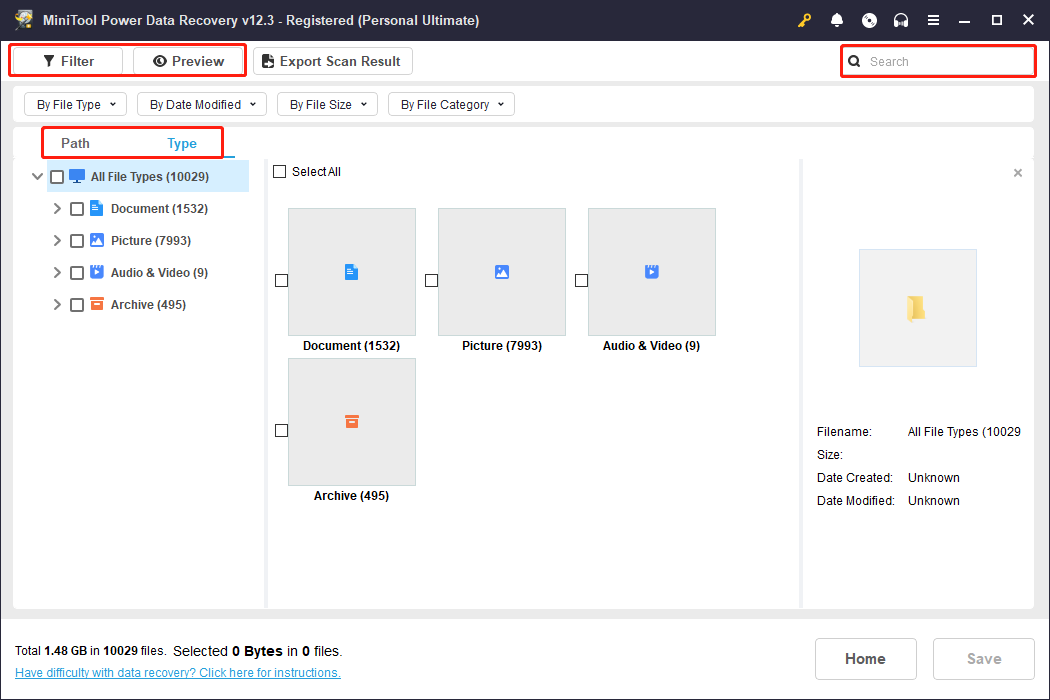 locate the wanted files by using multiple features in MiniTool Power Data Recovery