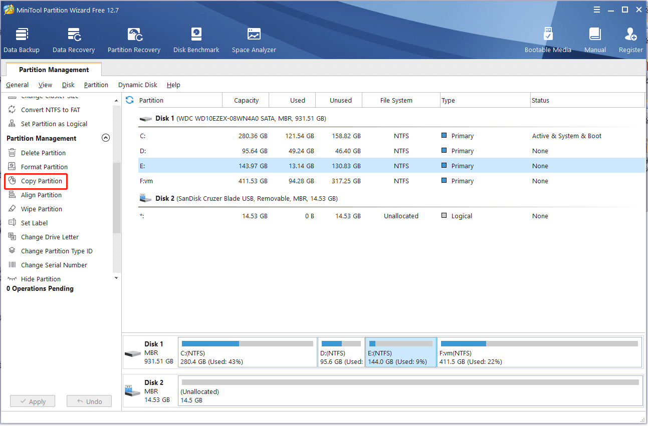 Seleccione Copiar partición en MiniTool Partition Wizard