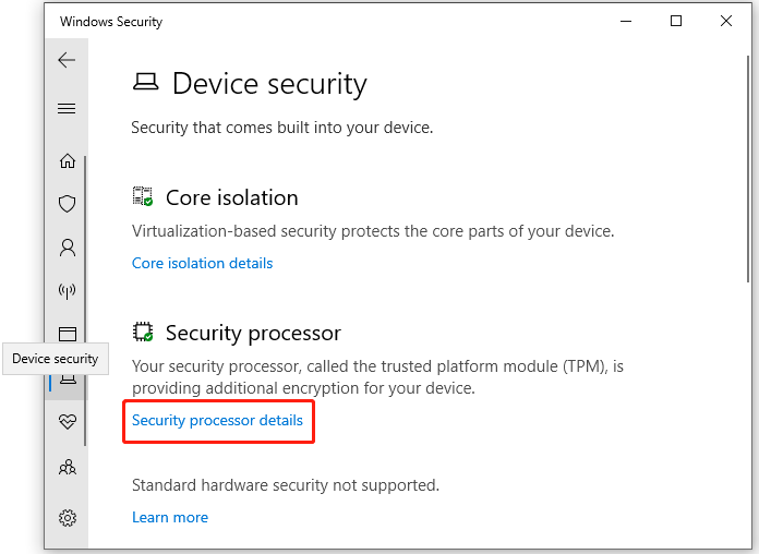 Haga clic en Detalles del procesador de seguridad en Seguridad de Windows