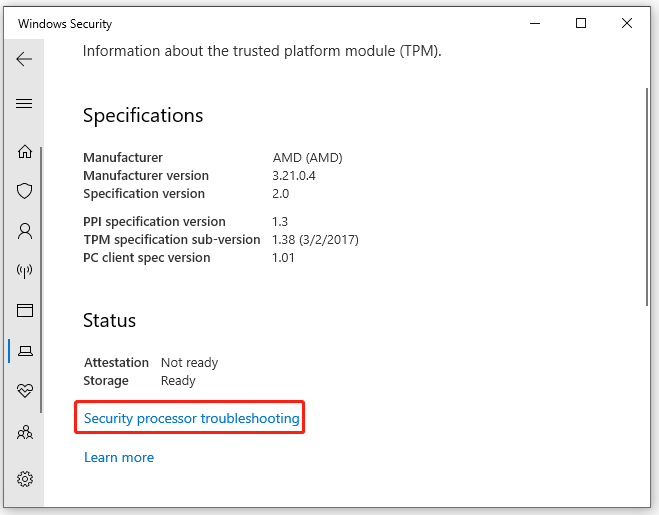 Haga clic en Solución de problemas del procesador de seguridad en Seguridad de Windows
