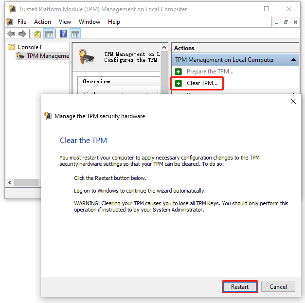 Reinicie su computadora para borrar TPM