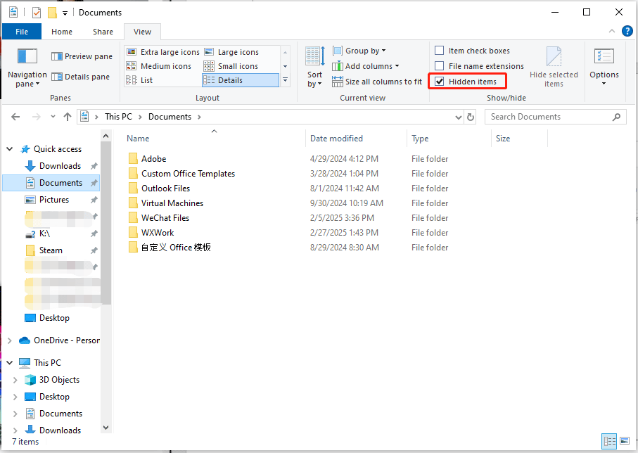 uncheck Hidden items
