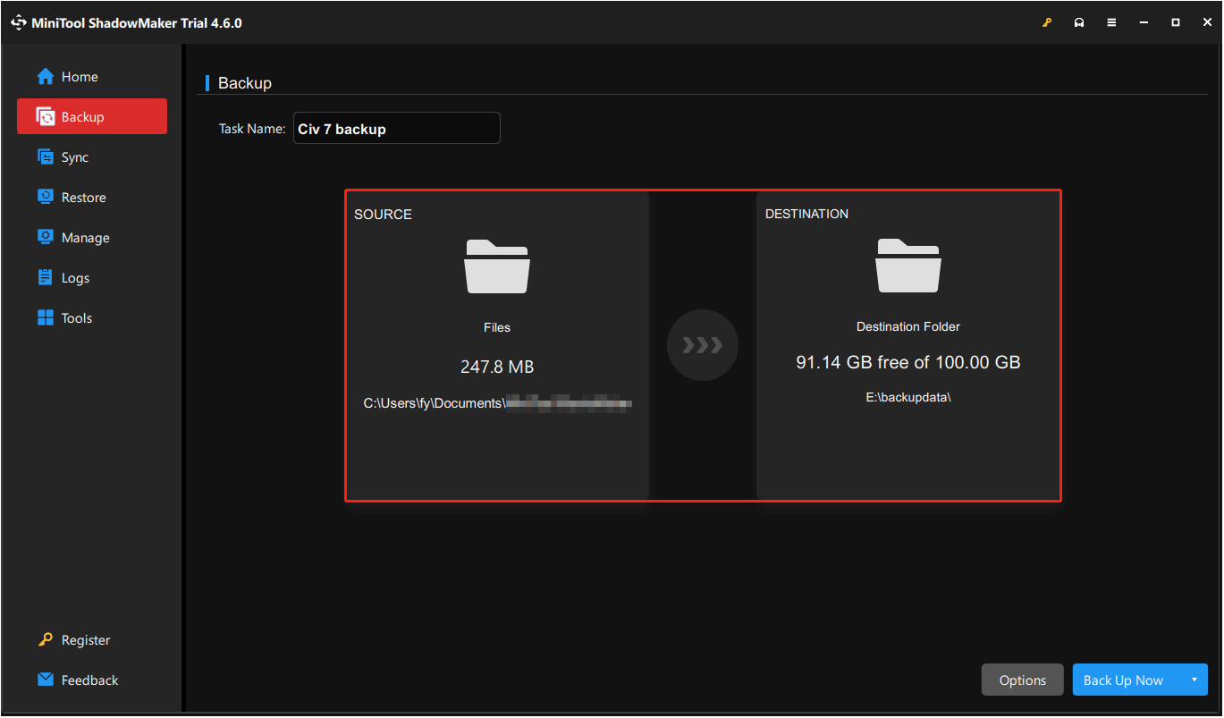 set up the files to back up and the location to store the backup files in MiniTool ShadowMaker