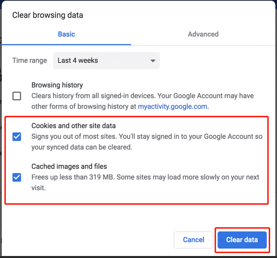click the Clear data button
