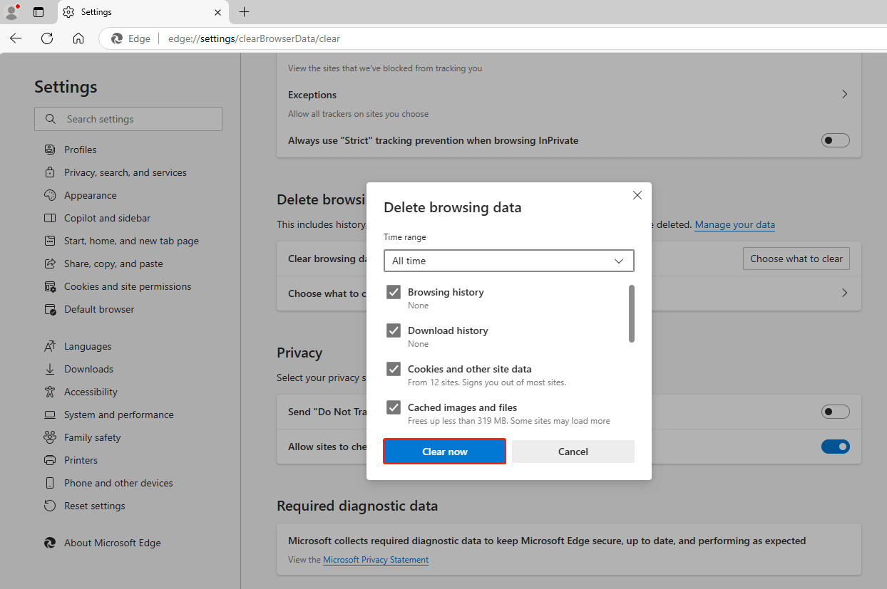 check the boxes of data that you want to clear and click Clear now
