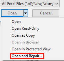 Seleccione Abrir y reparar en Microsoft Excel
