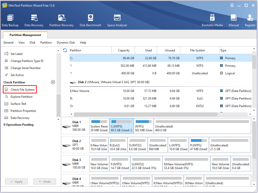 Seleccione Verificar sistema de archivos en el Asistente para particiones de MiniTool