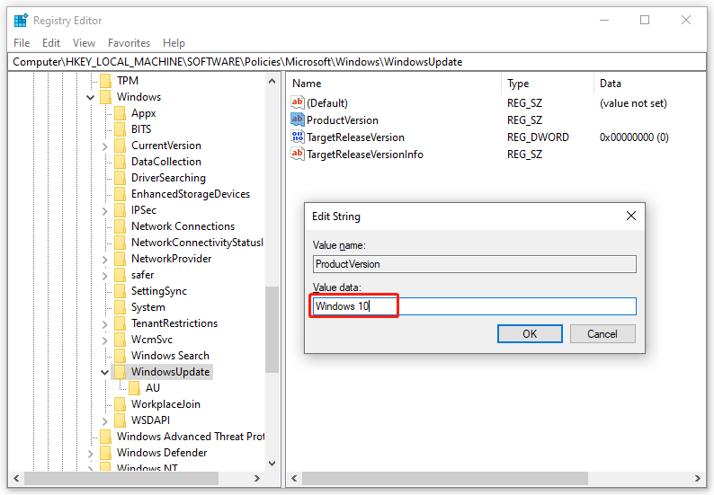 change ProductVersion’s value to Windows 10