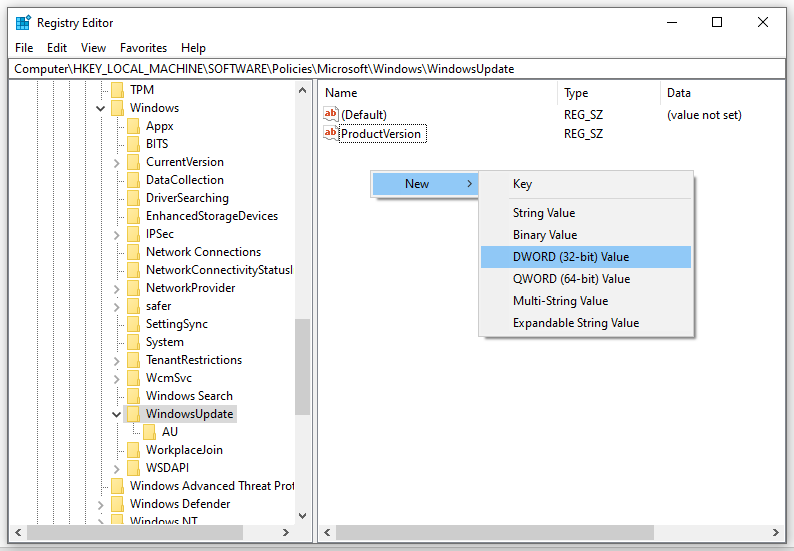 create a new DWORD (32-bit) value