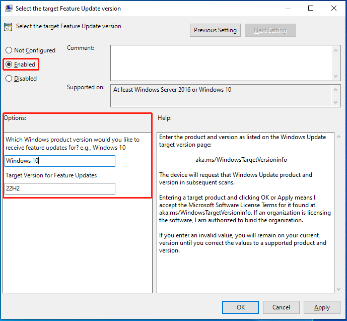 tick Enabled and type your current Windows version under Options 
