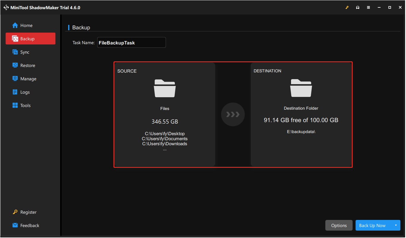 set up the backup SOURCE and DESTINATION sections in MiniTool ShadowMaker