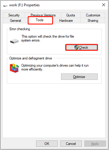 check the drive for file system errors from disk properties
