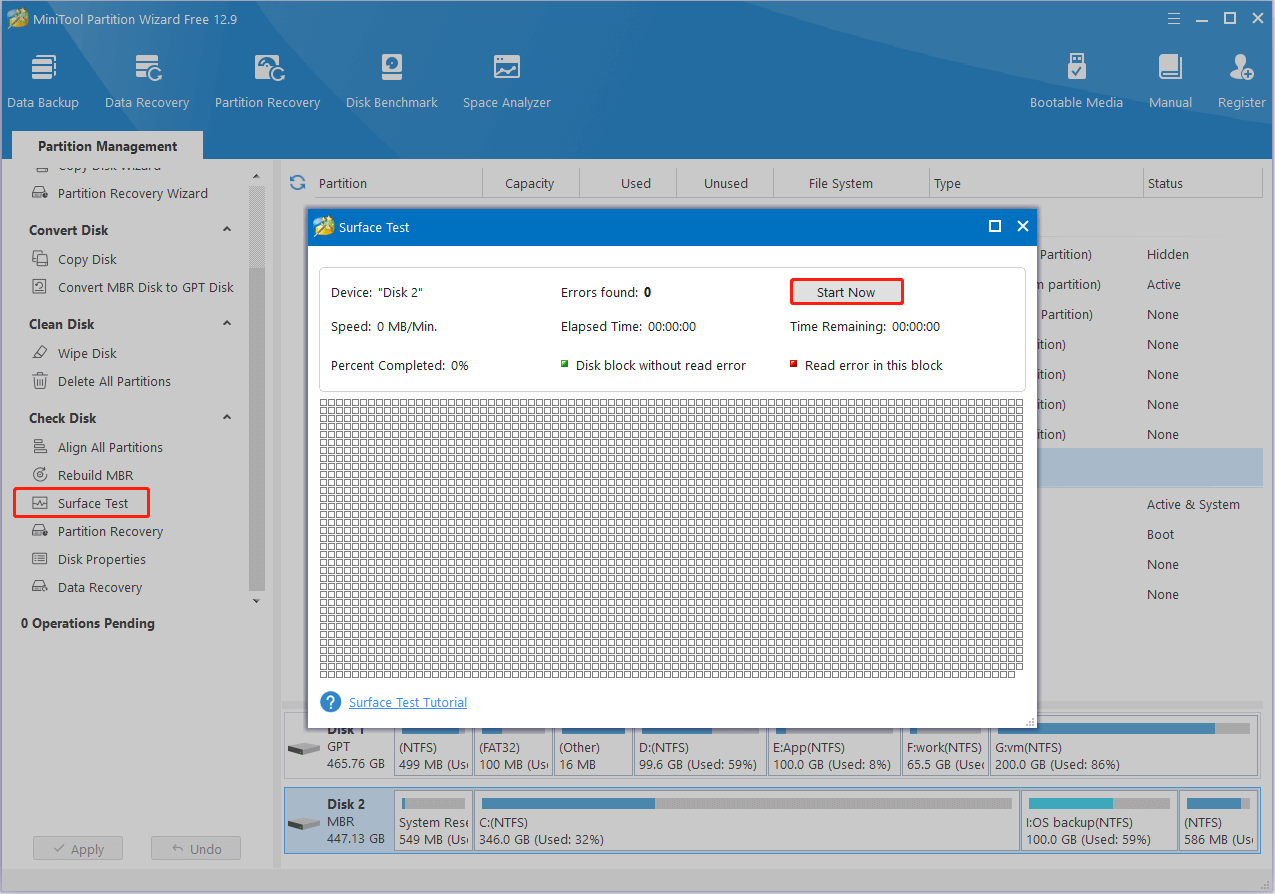 run the surface test in MiniTool Partition Wizard