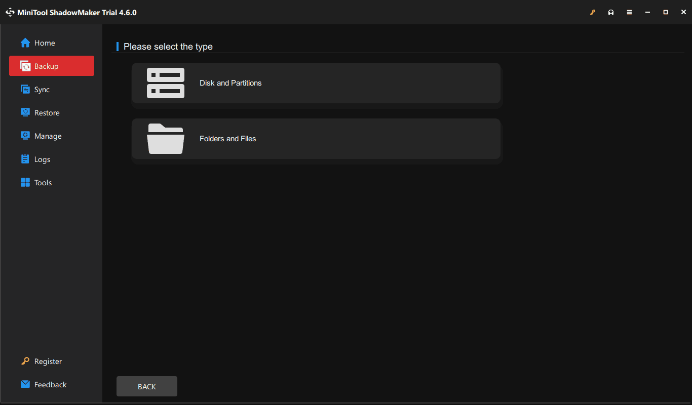 choose backup source in MiniTool ShadowMaker