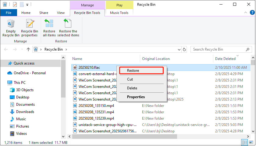 restore FLAC files from the Recycle Bin