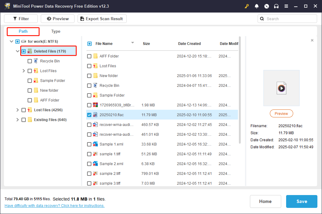 find the FLAC file under the Path tab using MiniTool Power Data Recovery