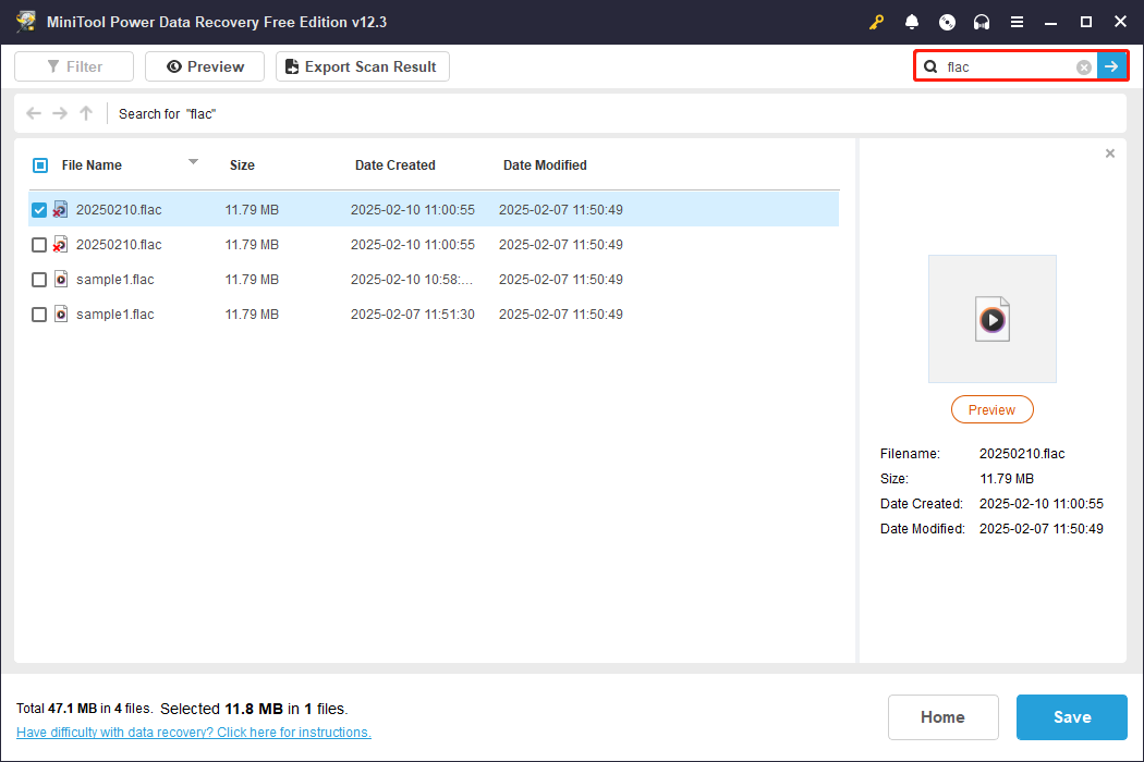 use the Search feature to find the FLAC file in MiniTool Power Data Recovery