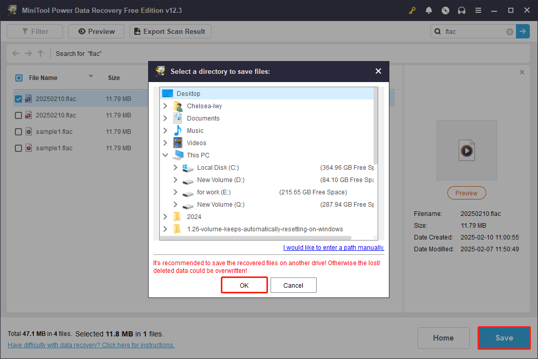 save the FLAC file to a new location in MiniTool Power Data Recovery