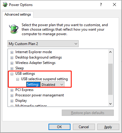 disable the USB selective suspend setting