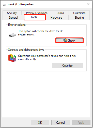check the drive for file system errors in disk properties