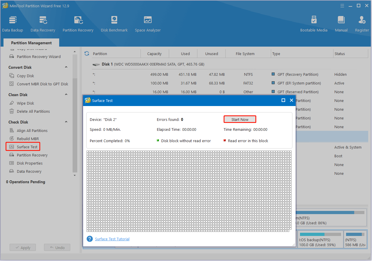 start the surface test in MiniTool Partition Wizard