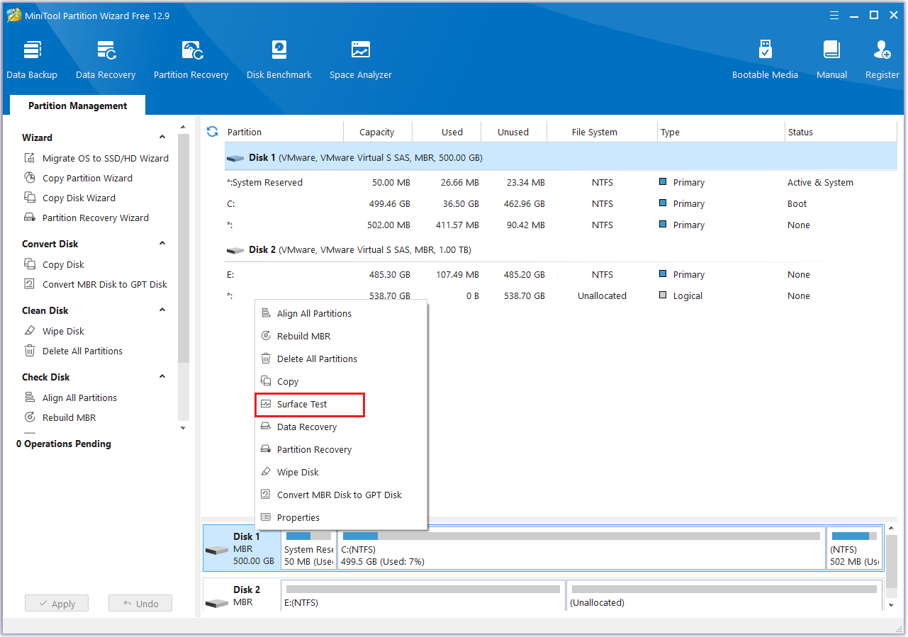 click Surface Test in MiniTool Partition Wizard