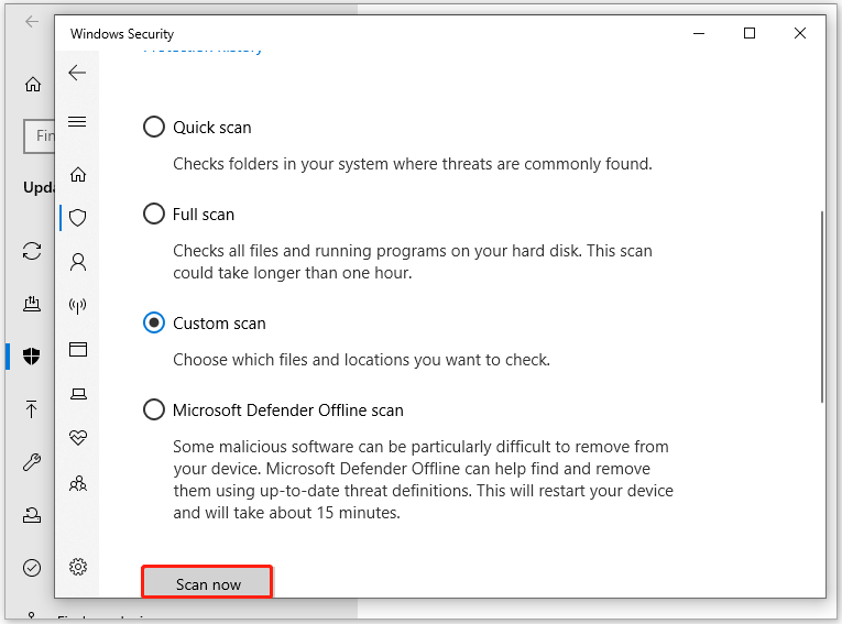 Cliquez sur Analyser maintenant après avoir choisi l'option Analyse personnalisée dans la sécurité Windows