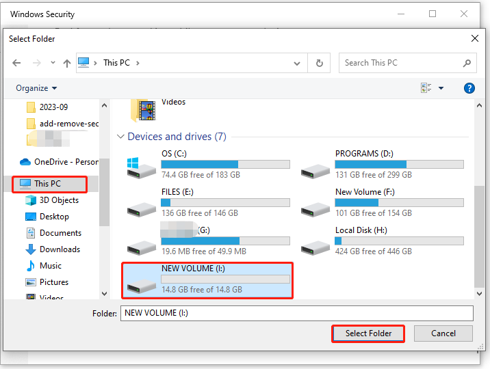 sélectionnez un dossier à analyser dans la sécurité Windows