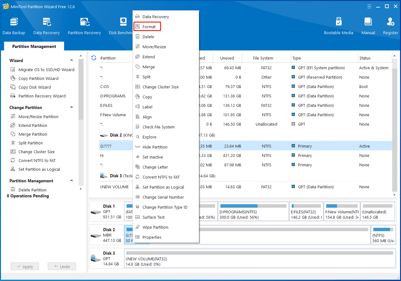 faites un clic droit sur la partition cible et choisissez Formater dans MiniTool Partition Wizard
