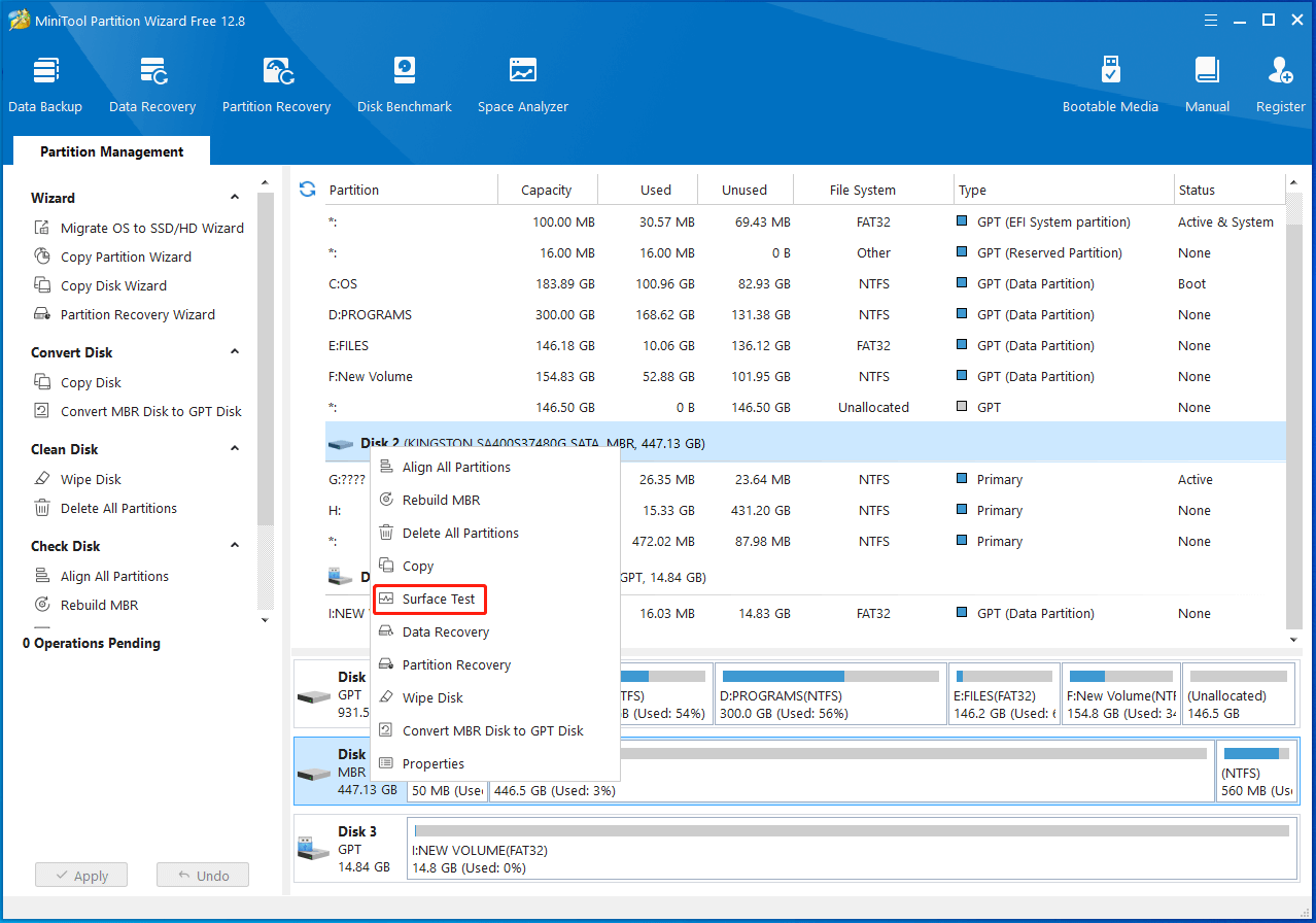 Choisissez Surface Test dans MiniTool Partition Wizard
