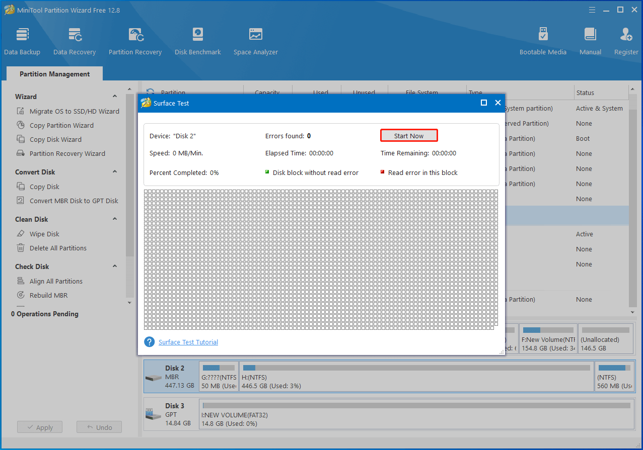 exécuter le test de surface dans MiniTool Partition Wizard