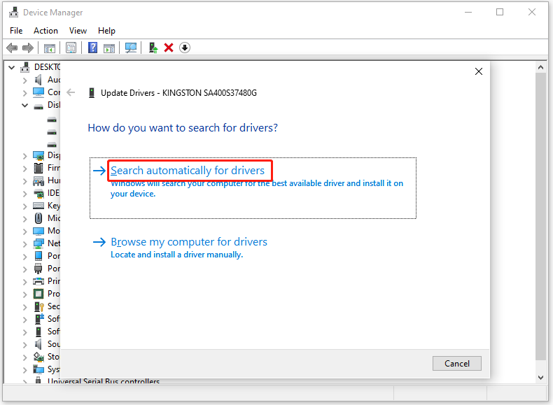 Choisissez Rechercher automatiquement des pilotes 