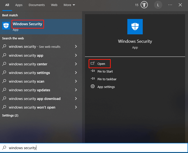 rechercher la sécurité Windows dans Windows Search