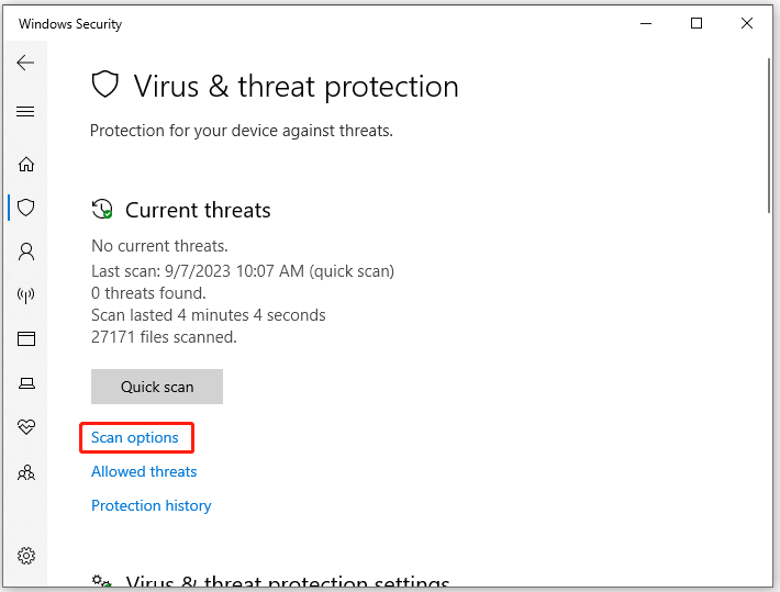 Cliquez sur Options d'analyse sous Protection contre les virus et les menaces dans Sécurité Windows