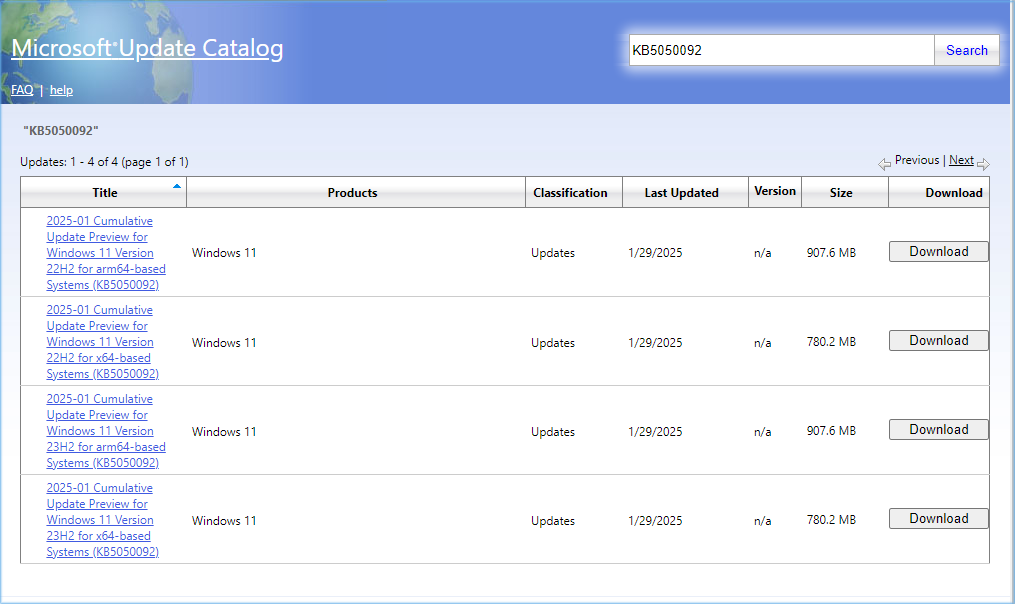 search KB5050092 in Microsoft Update Catalog