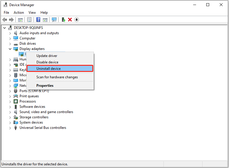uninstall the display card device in Device Manager