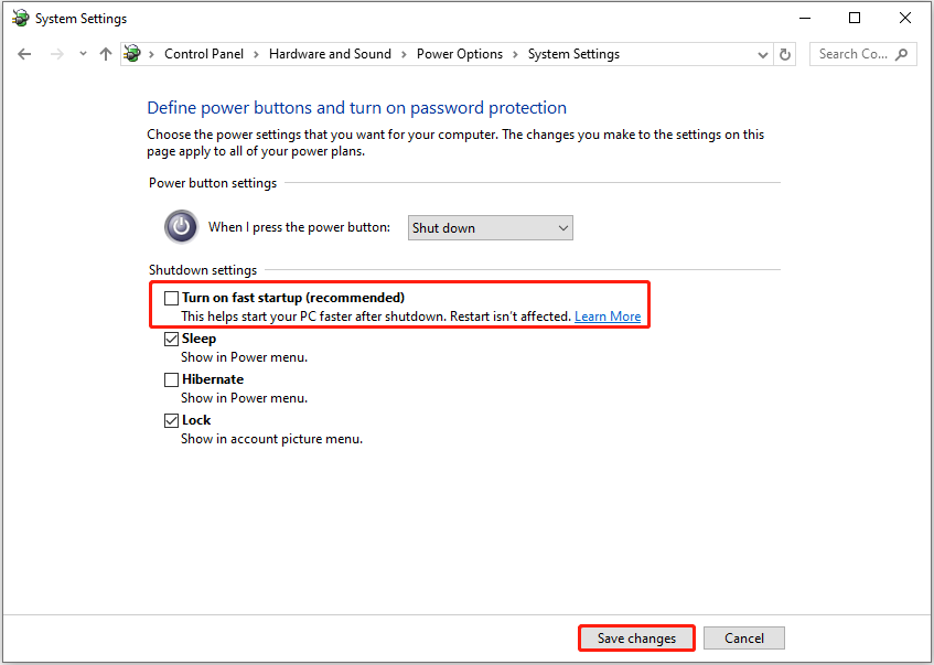 disable fast startup from the Control Panel