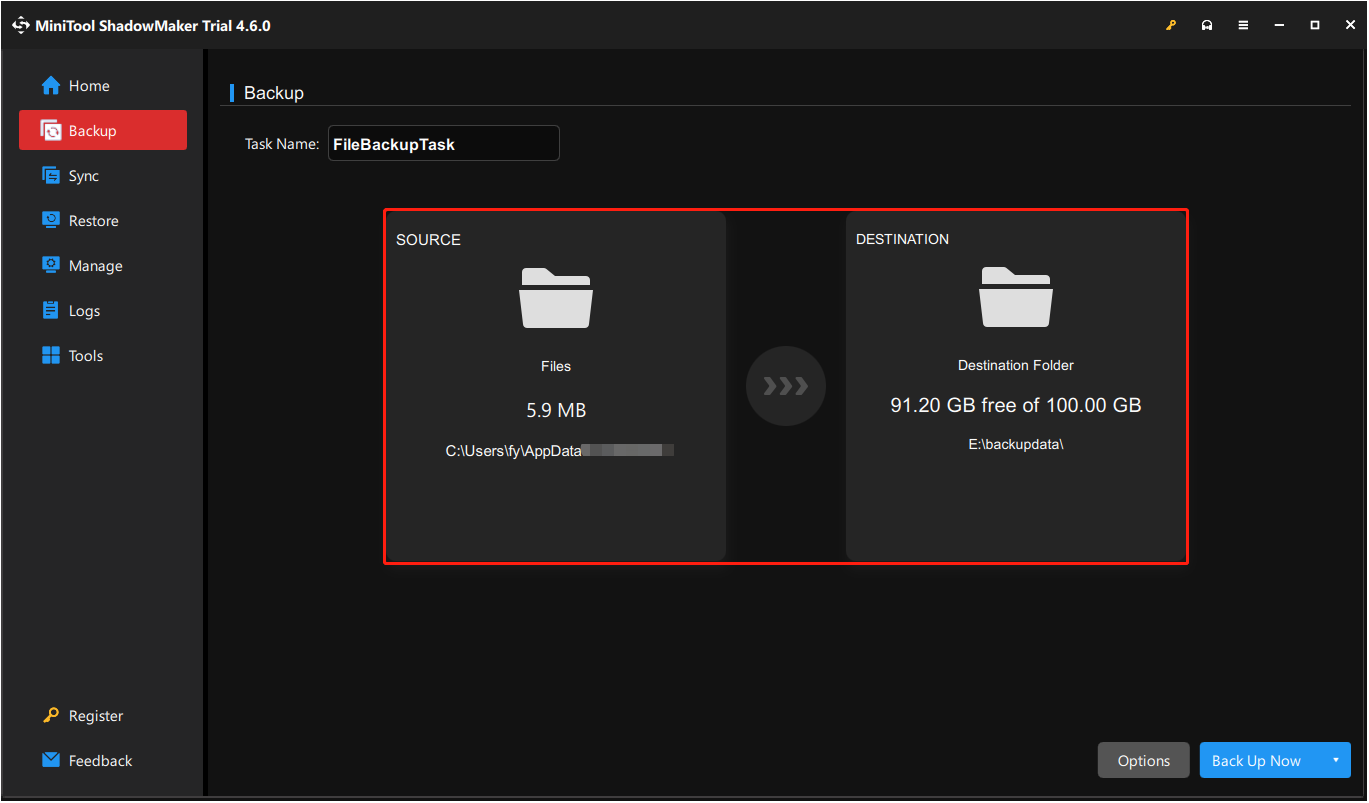 back up files in the AppData folder in MiniTool ShadowMaker Trial edition