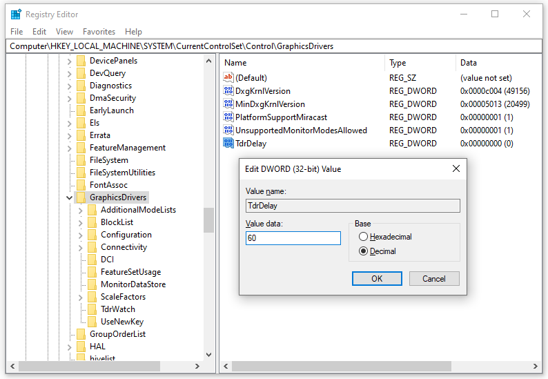 create TdrDelay in Registry Editor manually