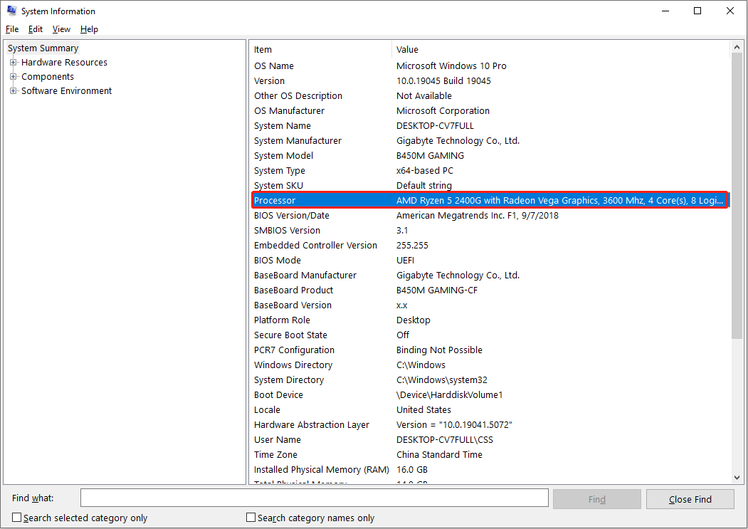 find the processor information in System Information window