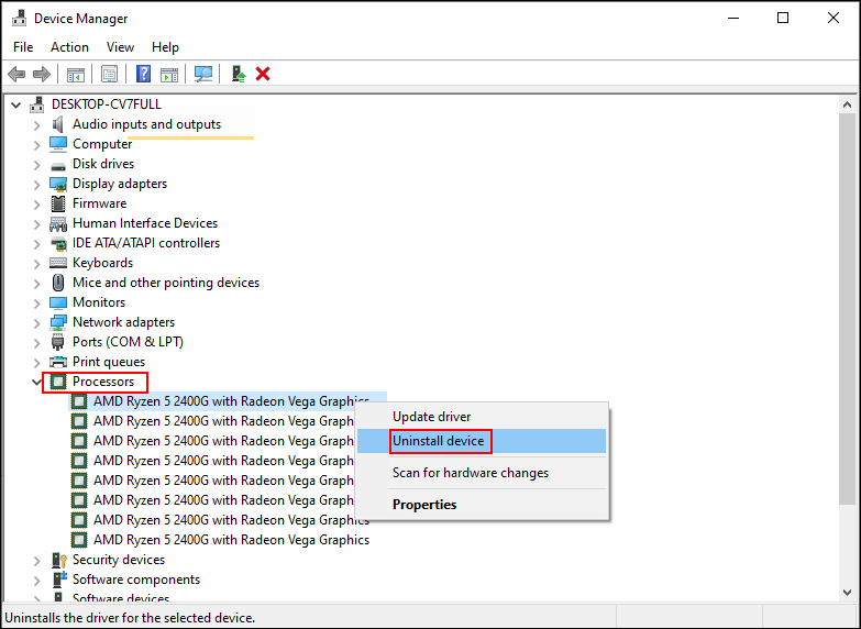 uninstall the processor driver one by one in Device Manager